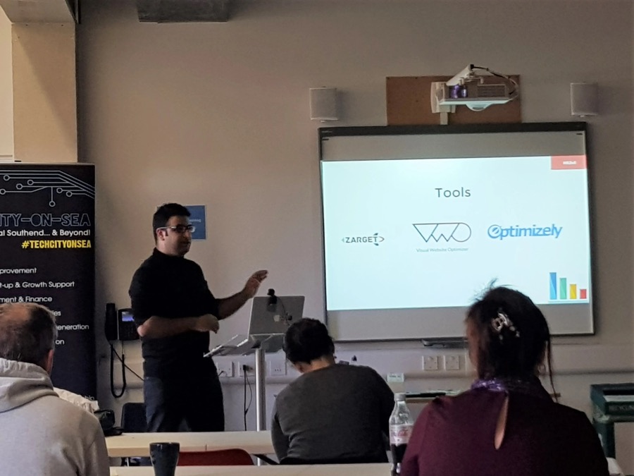 Waseem presenting a talk on conversion optimisation tools