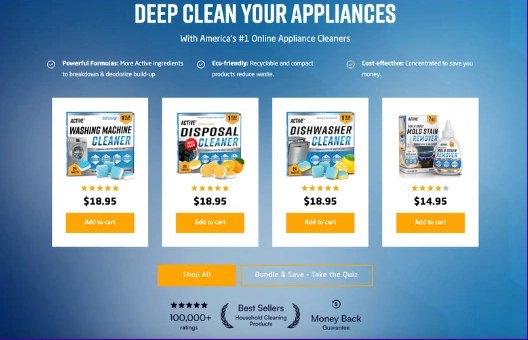 Deep Clean Your Appliances: four cleaners with star ratings, prices and Add to Cart, plus Shop All and Bundle and Save buttons and trust badges