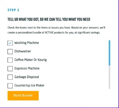 Step one of the quiz: a checklist of appliances such as washing machine, dishwasher and coffee maker, with a Build Bundle button
