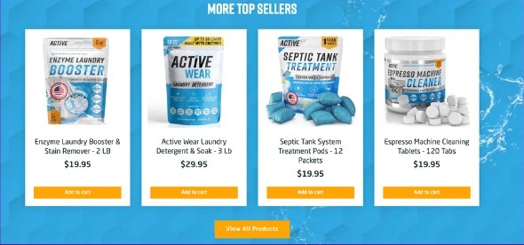 A More Top Sellers row of four products with prices and Add to Cart buttons, and a View All Products link