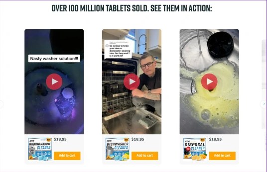 Over 100 Million Tablets Sold, See Them In Action: three product videos of cleaners at work, each with a product, price and Add to Cart button
