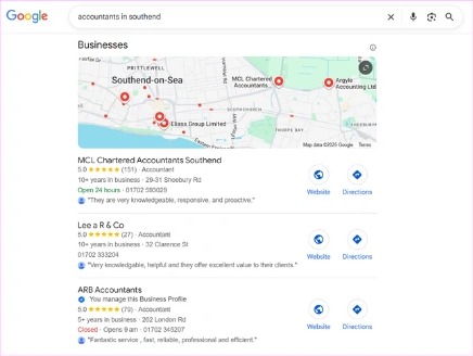 Google map pack result for accountants in Southend showing ARB Accountants