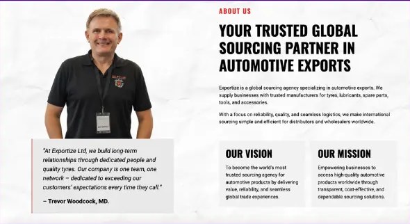 The about section: your trusted global sourcing partner in automotive exports, with a photo and quote from managing director Trevor Woodcock, and the vision and mission
