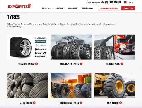 The tyres page: premium, PCR and 4x4, truck, used, industrial and OTR tyres, each with its own link