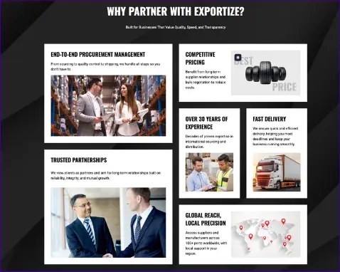The why partner with Exportize section: procurement management, competitive pricing, over 30 years of experience, trusted partnerships, fast delivery and global reach