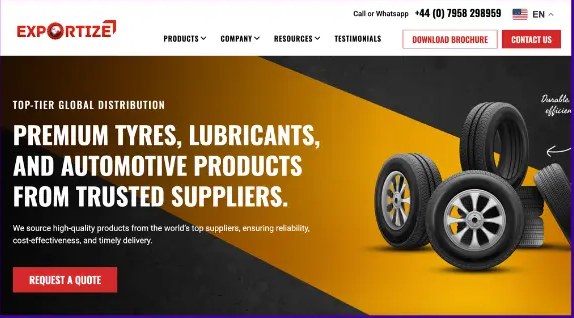 The Exportize homepage: premium tyres, lubricants and automotive products from trusted suppliers, with a request a quote button