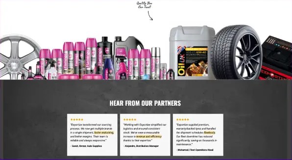 The product range banner, wheels, lubricants and tyres, above a hear from our partners section with three distributor testimonials
