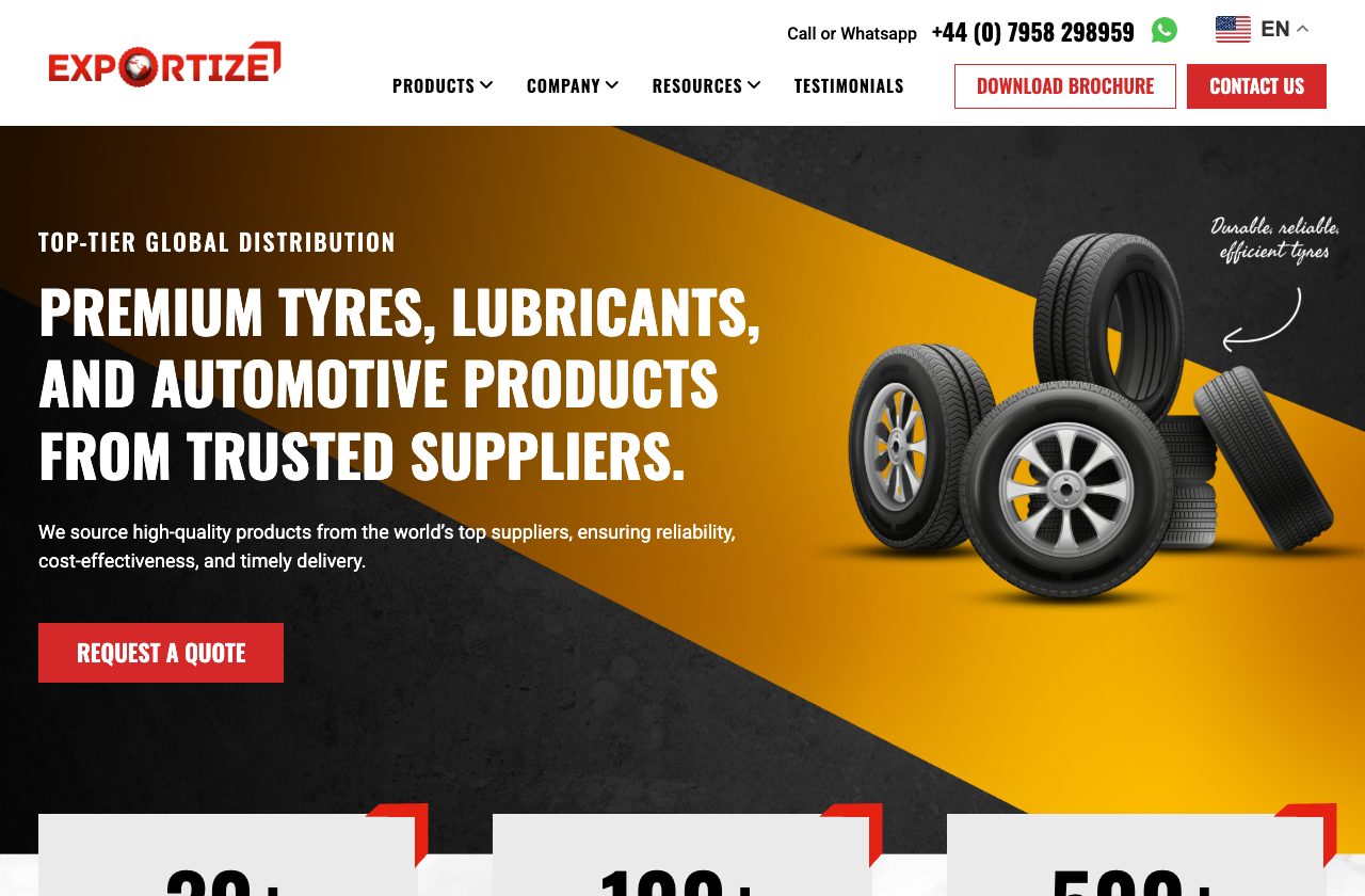 Exportize homepage: premium tyres, lubricants and automotive products from trusted suppliers, with a request-a-quote button