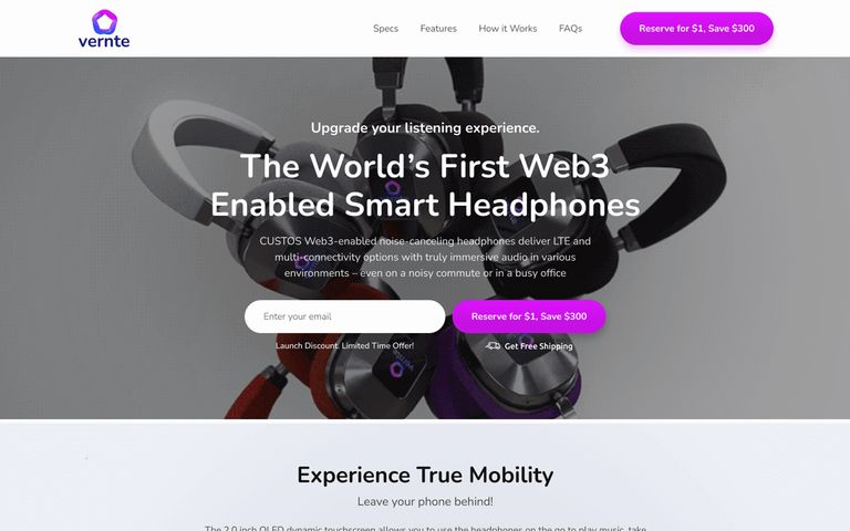 Vernte CUSTOS Web3 smart headphones pre-launch product page design by Apexure