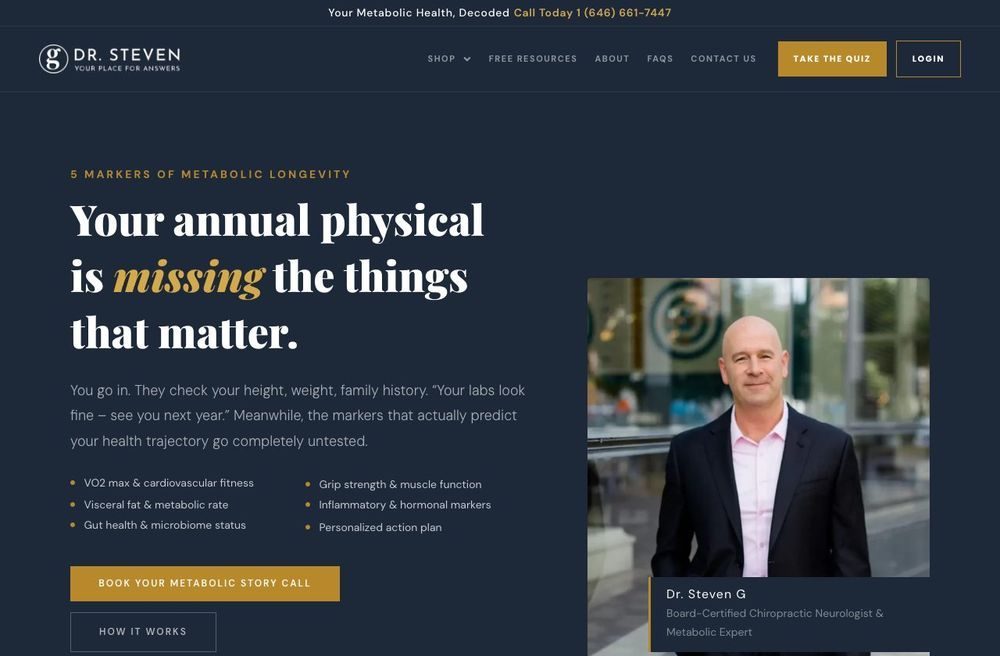 drsteveng.com after: the site rebuilt in code, with the metabolic health offer and a booking button