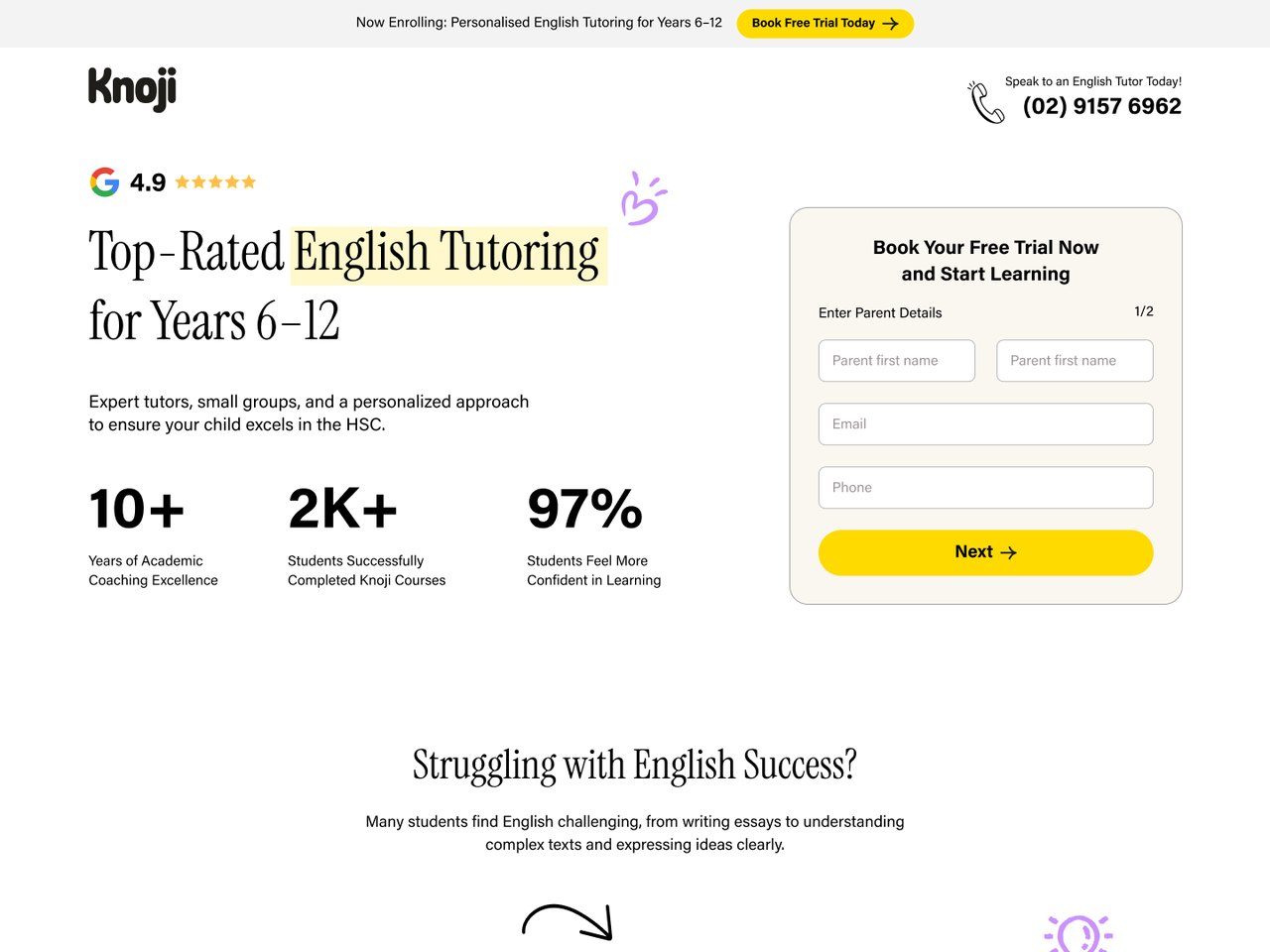 Knoji landing page: top-rated English tutoring for years 6 to 12, with a free trial form